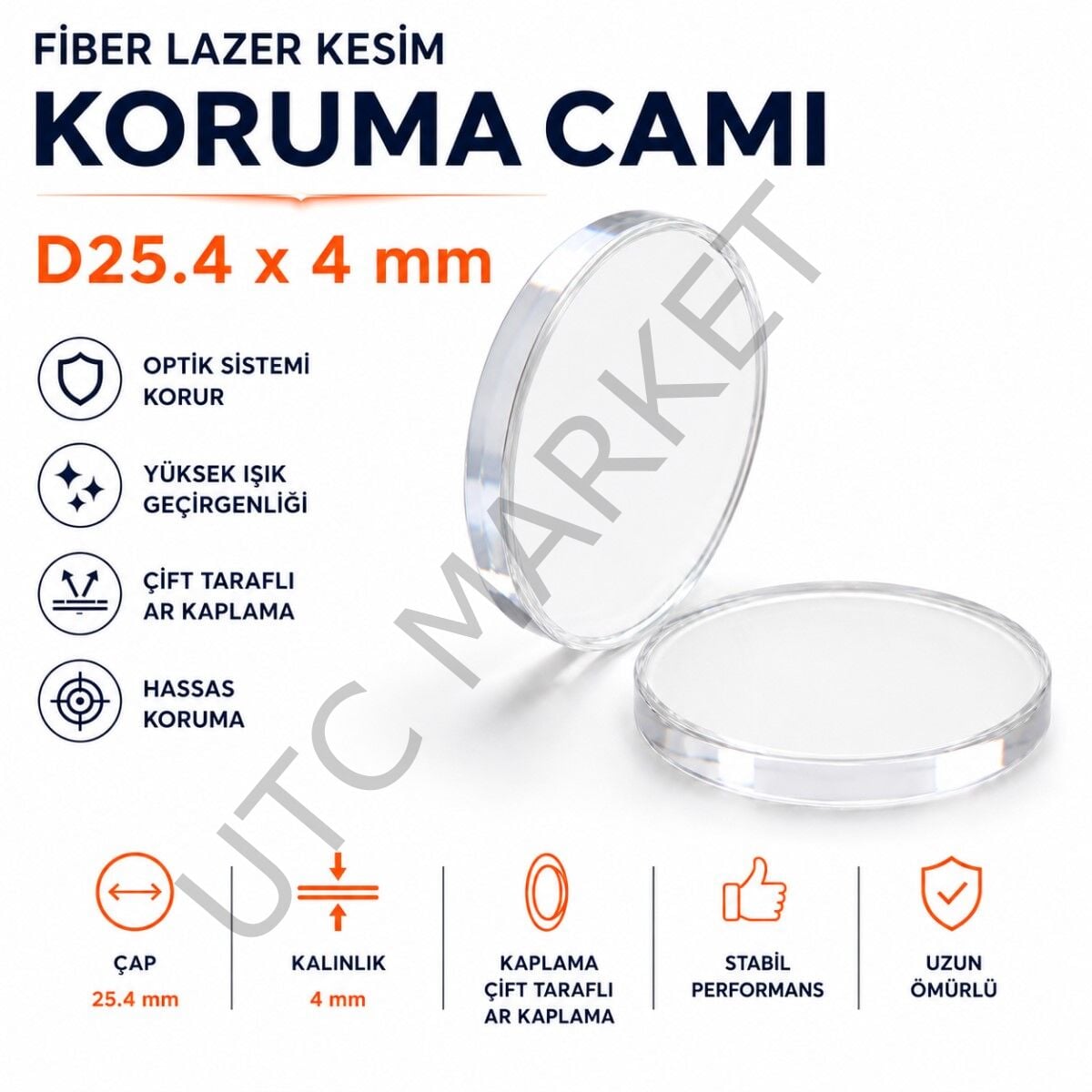 Fiber Lazer Kesim Koruma Camı D25.4 × 4 mm