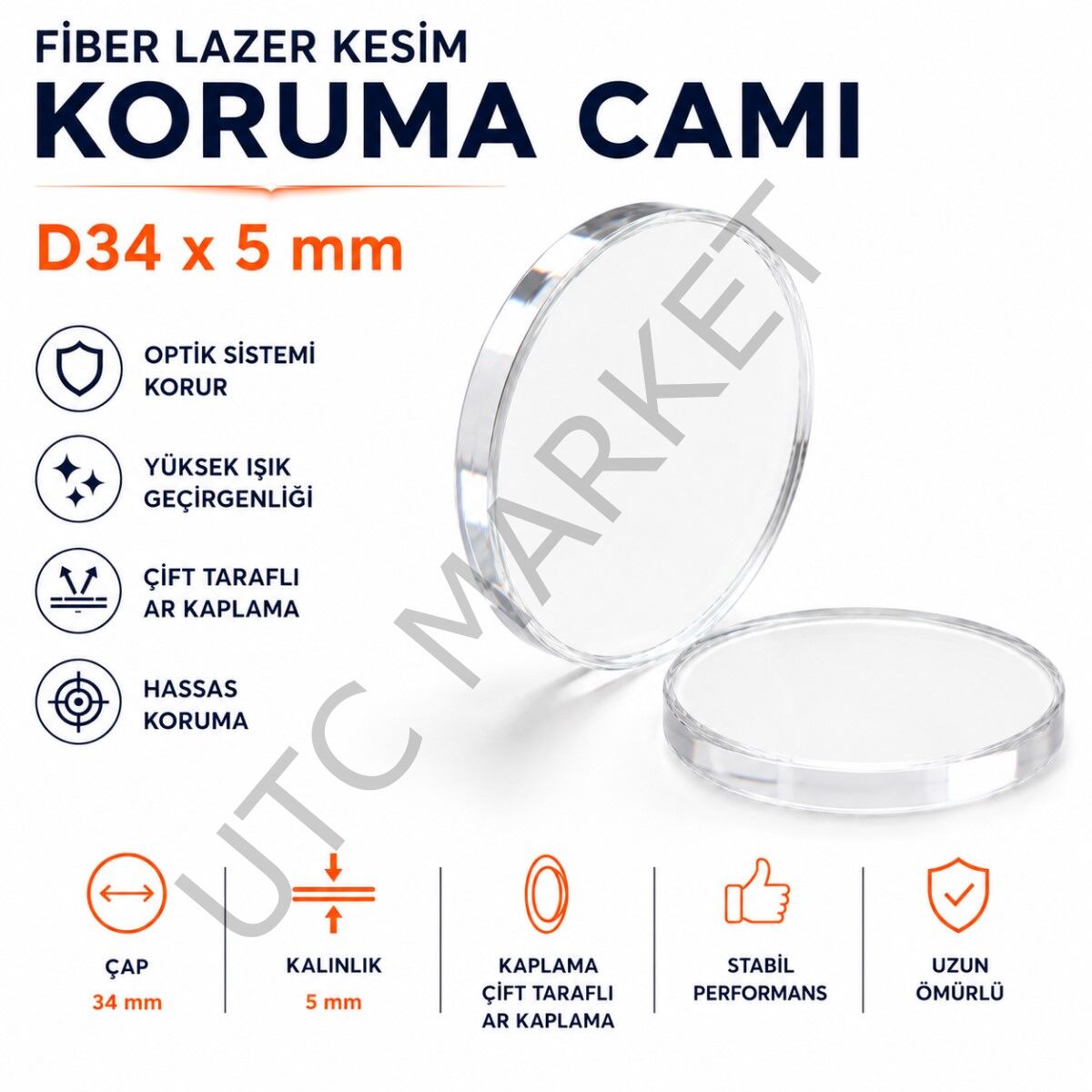 Fiber Lazer Kesim Koruma Camı D34 × 5 mm